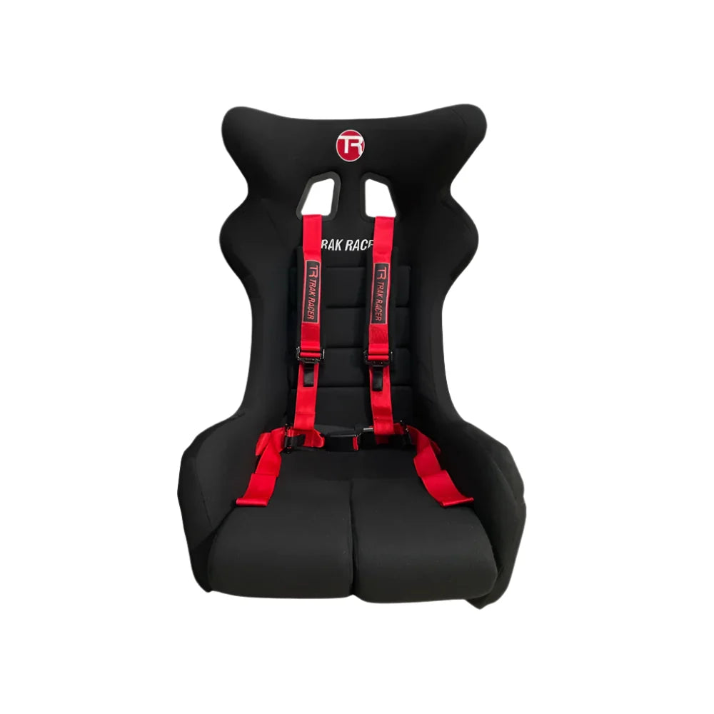 Trak Racer seat harness, red, front view showing the 2-inch shoulder straps fitted in a Trak Racer seat