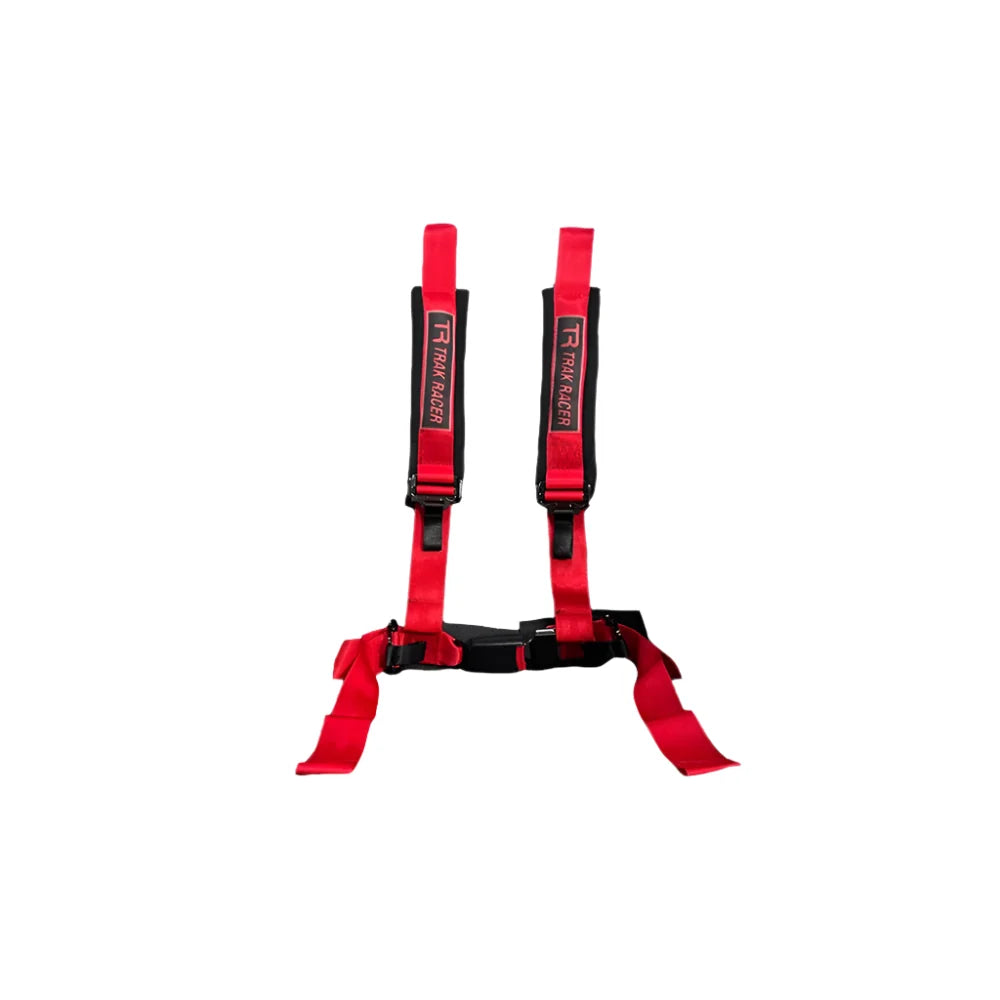 Trak Racer seat harness, red, standalone view showing the buckle and cushioned shoulder pads