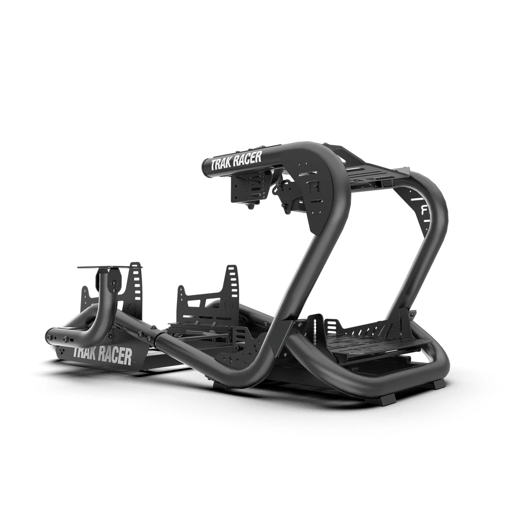 Trak Racer TR8 Pro V2 Racing Simulator, black frame rear three-quarter view with Trak Racer branding on the roll bar