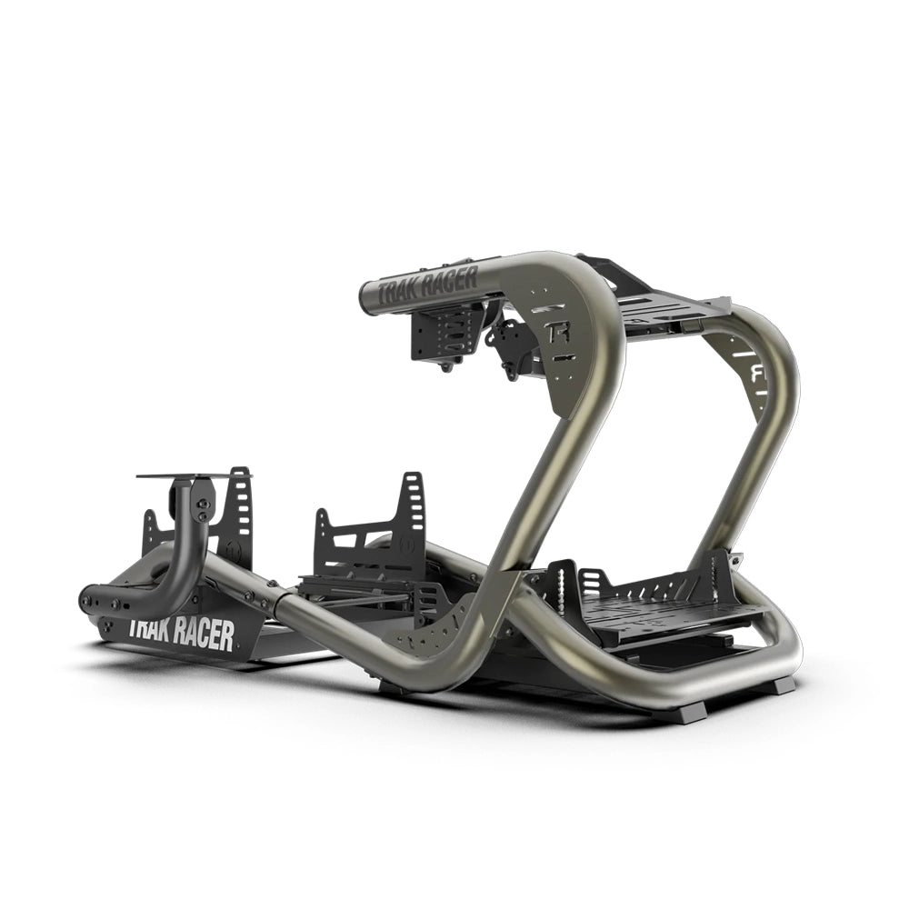 Trak Racer TR8 Pro V2 Racing Simulator, silver titanium-finish frame shown from the rear three-quarter