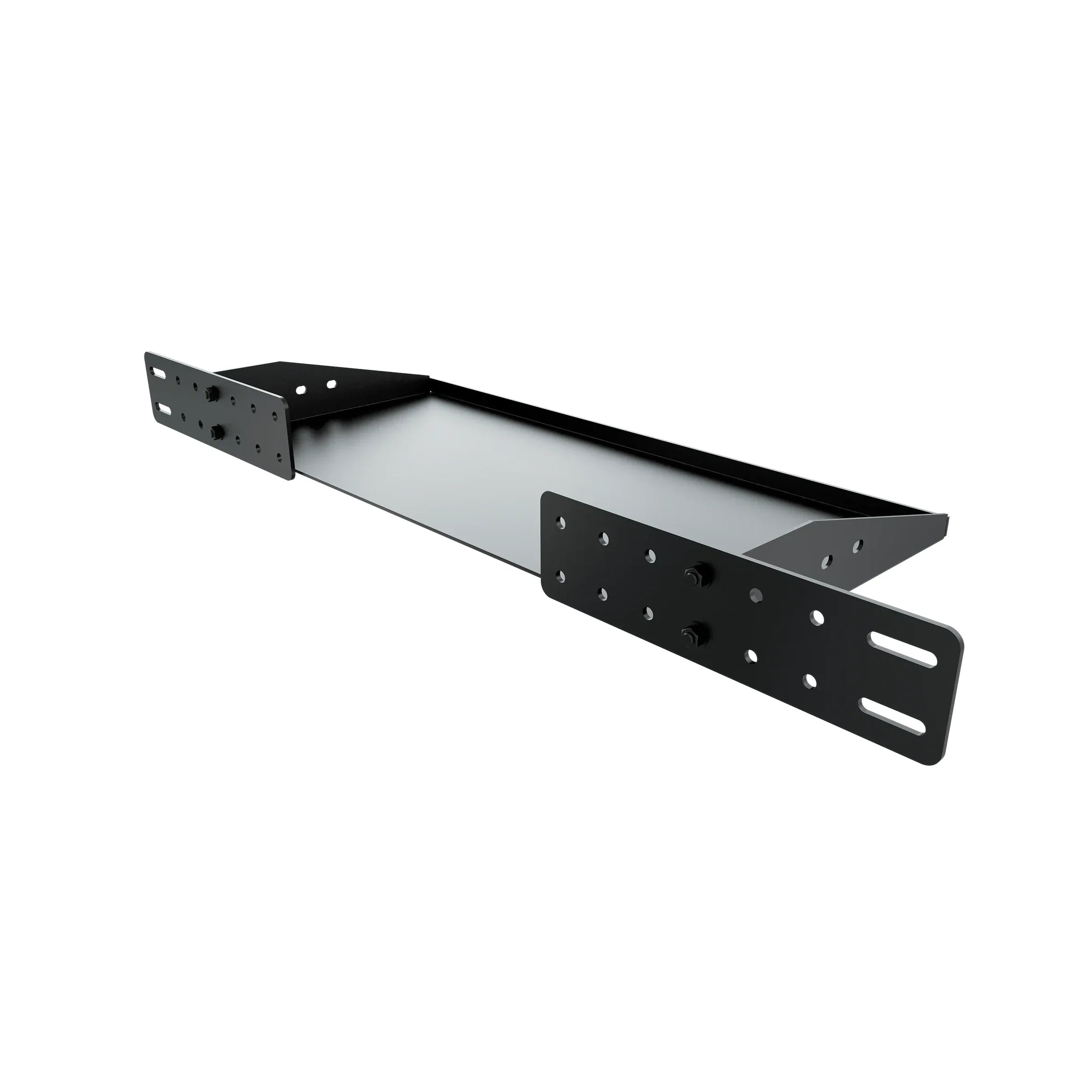 Trak Racer Universal PC or Control Box Shelf, low-angle view with mounting bolts and nuts fitted to the bracket arms