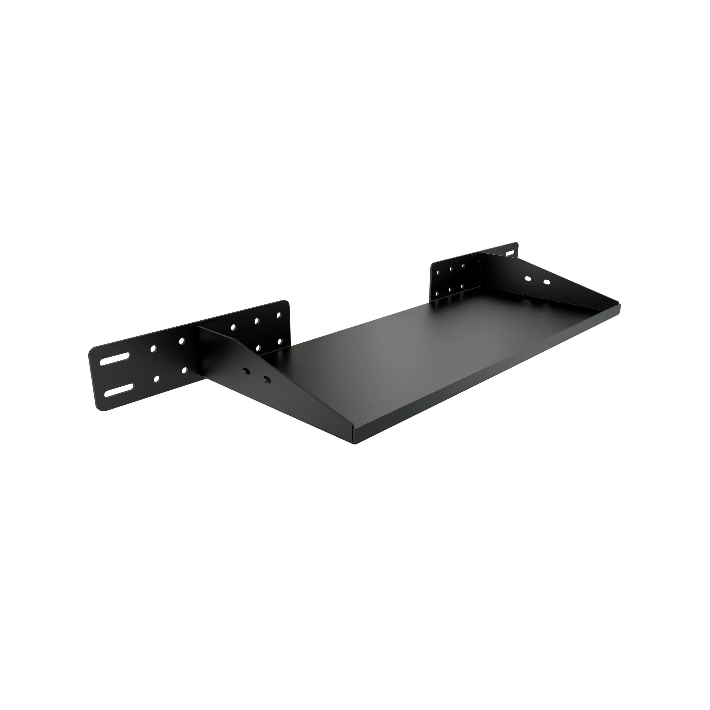 Trak Racer Universal PC or Control Box Shelf, black steel tray with two slotted L-brackets, front three-quarter view