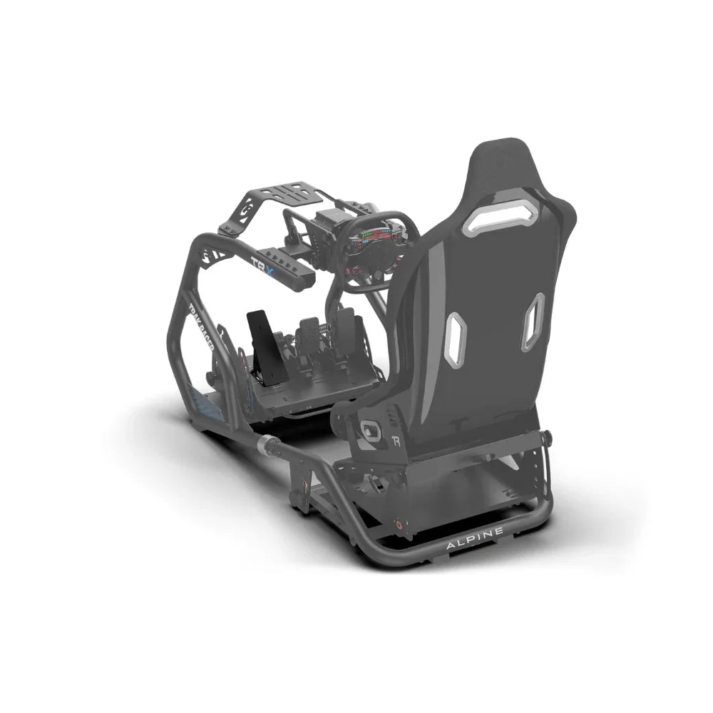 Trak Racer universal footrest, mounted on TRX cockpit (ghosted) — fitted beside pedal plate