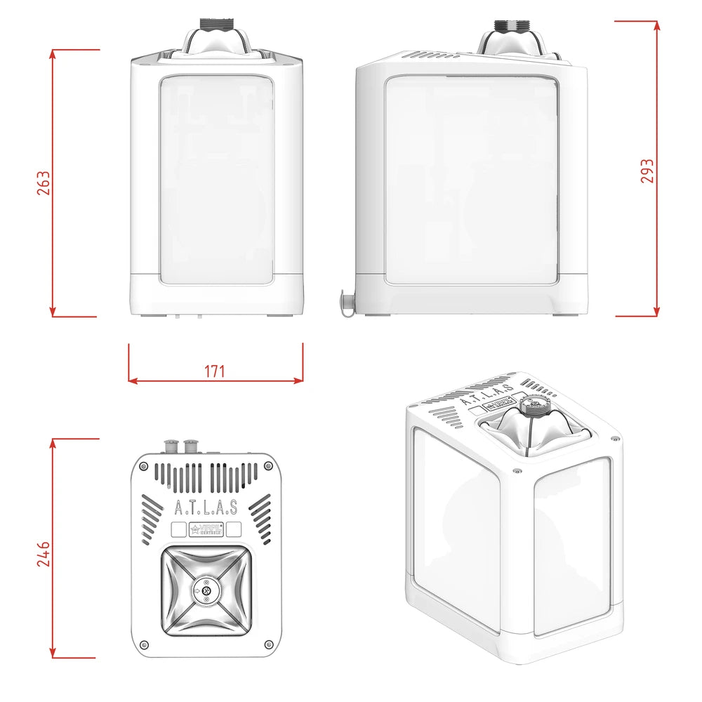 Virpil VPC ATLAS PRO FFB Base - dimensions (front, side and top views)