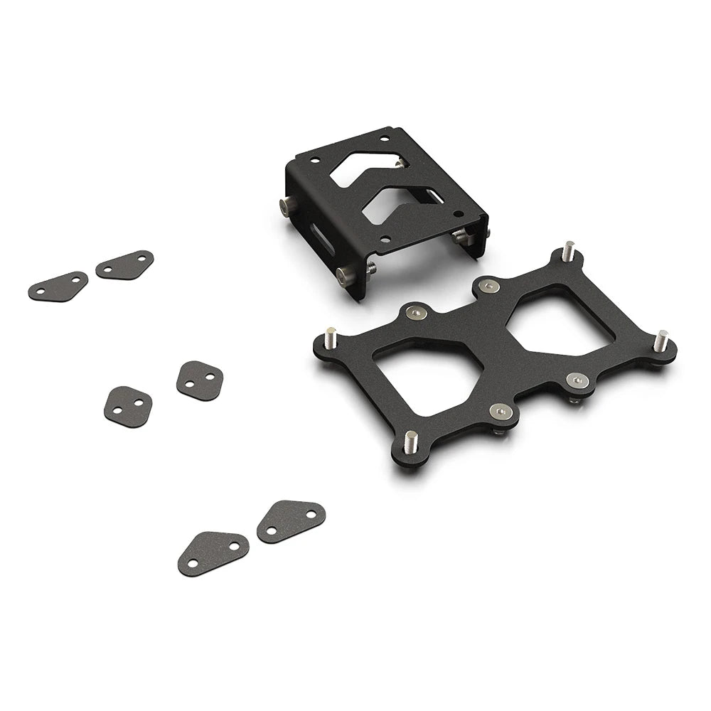 Virpil VPC Desk Mount Adapter Control Panel kit laid out — black metal mounting plate, angled desk mount bracket, spacer tabs and fixing bolts.