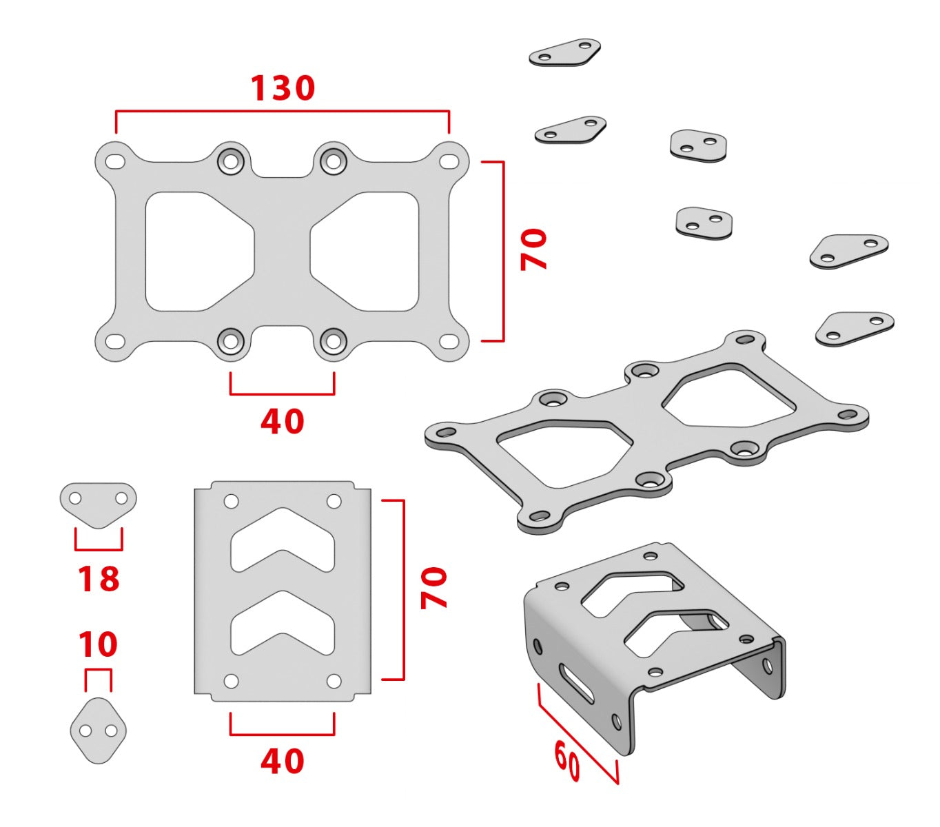 Virpil VPC Desk Mount Adapter Control Panel dimensions diagram in millimetres — 130 x 70 mounting plate with 40 mm hole spacing, 70 x 60 bracket, 18 and 10 mm spacer tabs.
