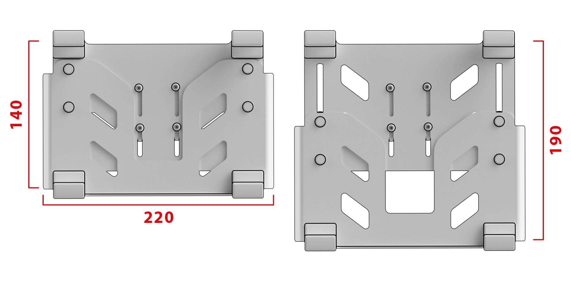 Virpil VPC Keyboard Mount Adapter dimensions diagram in millimetres, 220 wide by 140 with clips closed and 190 with clips extended.