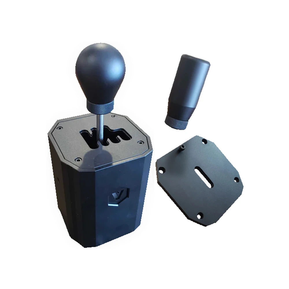 VNM dual-mode H-pattern and sequential shifter, exploded view — spherical knob, cylindrical knob and mounting plate