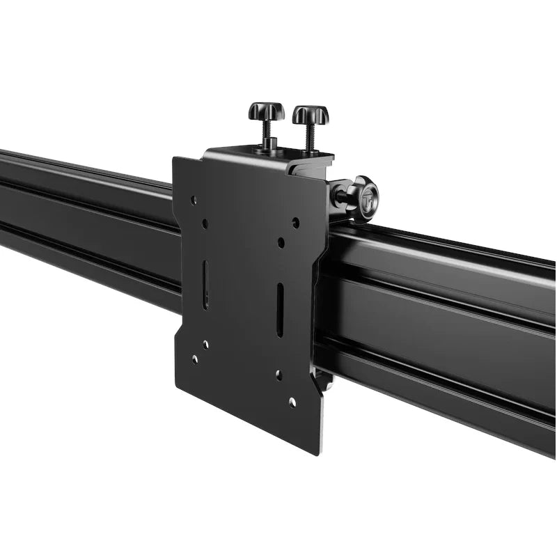 Variable Adjustment Vesa Adapter Kit for Monitors, shown installed on a black aluminium profile crossbar
