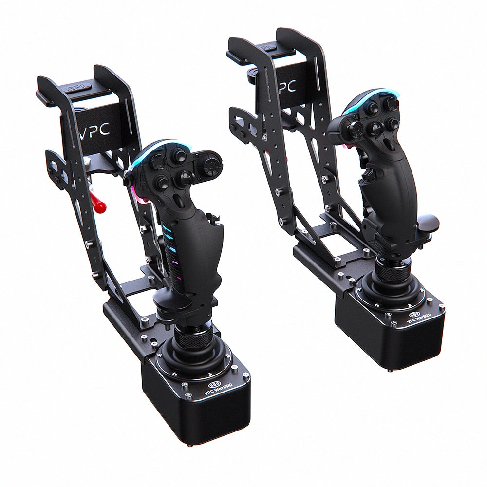 VIRPIL WarBRD-D HOSAS Bundle ALPHA Prime Edition — two WarBRD-D bases on Desk Mount V4-S arms with RGB-lit ALPHA Prime left and right grips