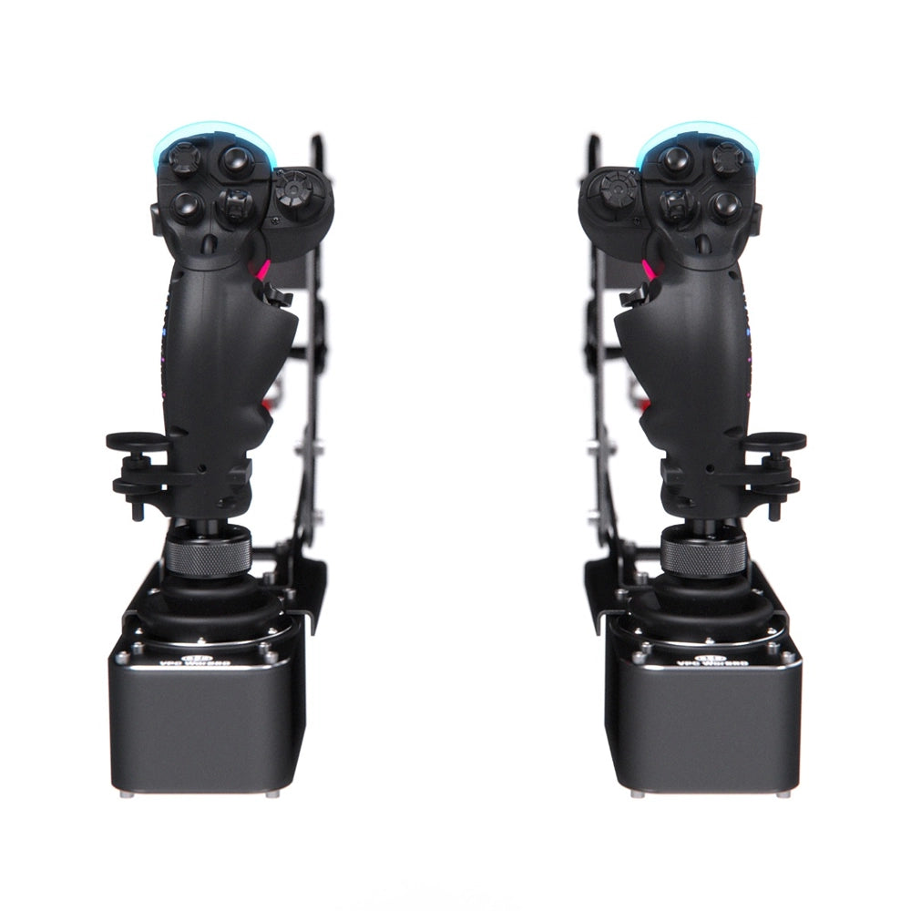 VIRPIL WarBRD-D HOSAS Bundle front view — symmetric ALPHA Prime dual-stick pair on WarBRD-D bases and desk mounts