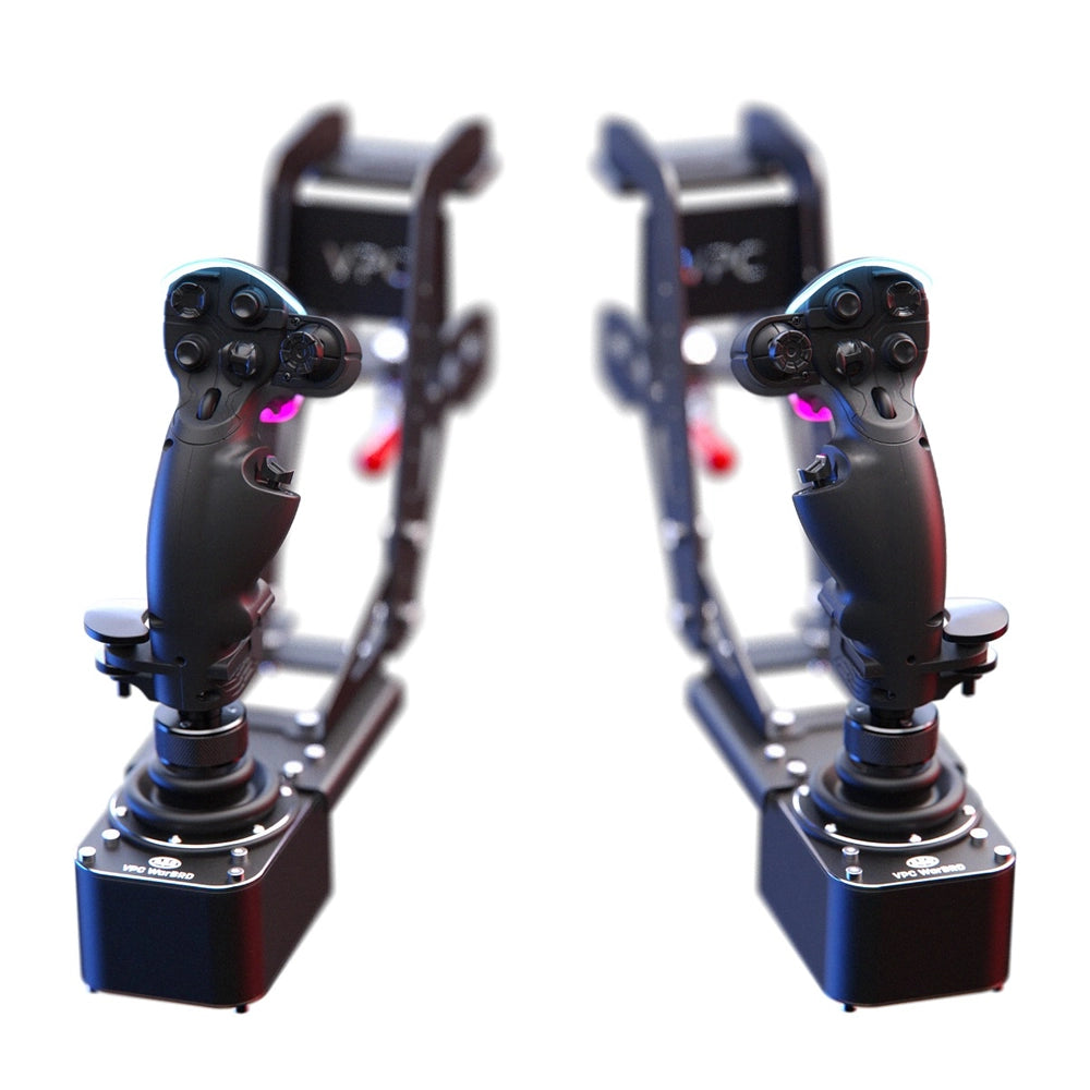 VIRPIL WarBRD-D HOSAS Bundle — mirrored ALPHA Prime left and right flightsticks on Desk Mount V4-S arms