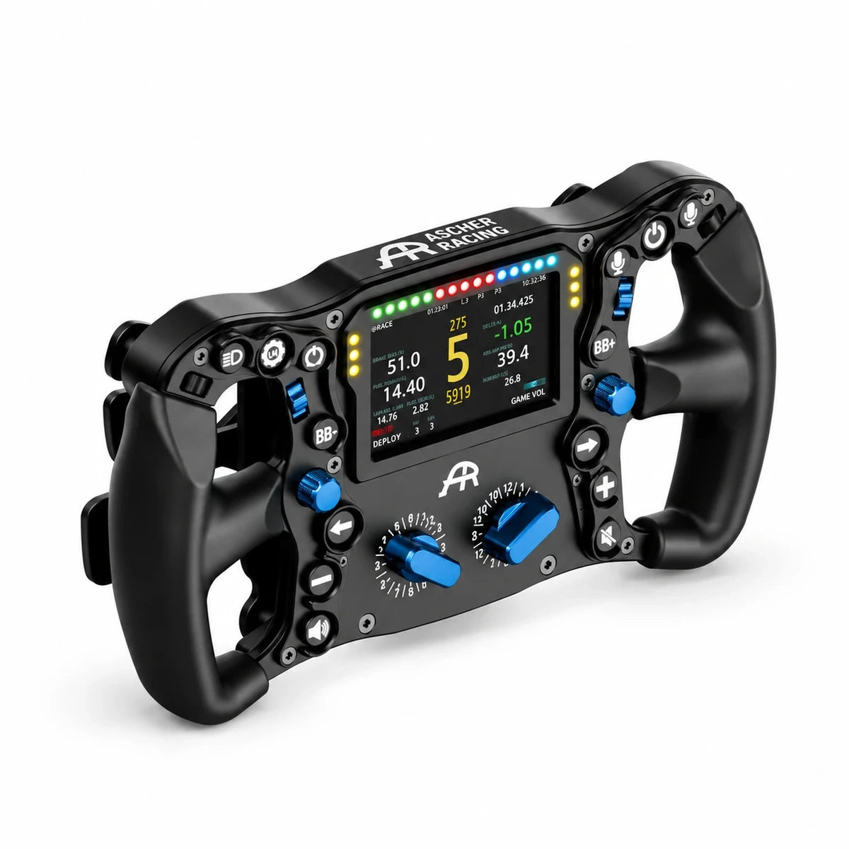 Ascher Racing Knob Kit Pro fitted to an Ultimate Black Edition wheel with the blue thumb encoders, joysticks and rotary knobs (wheel not included)