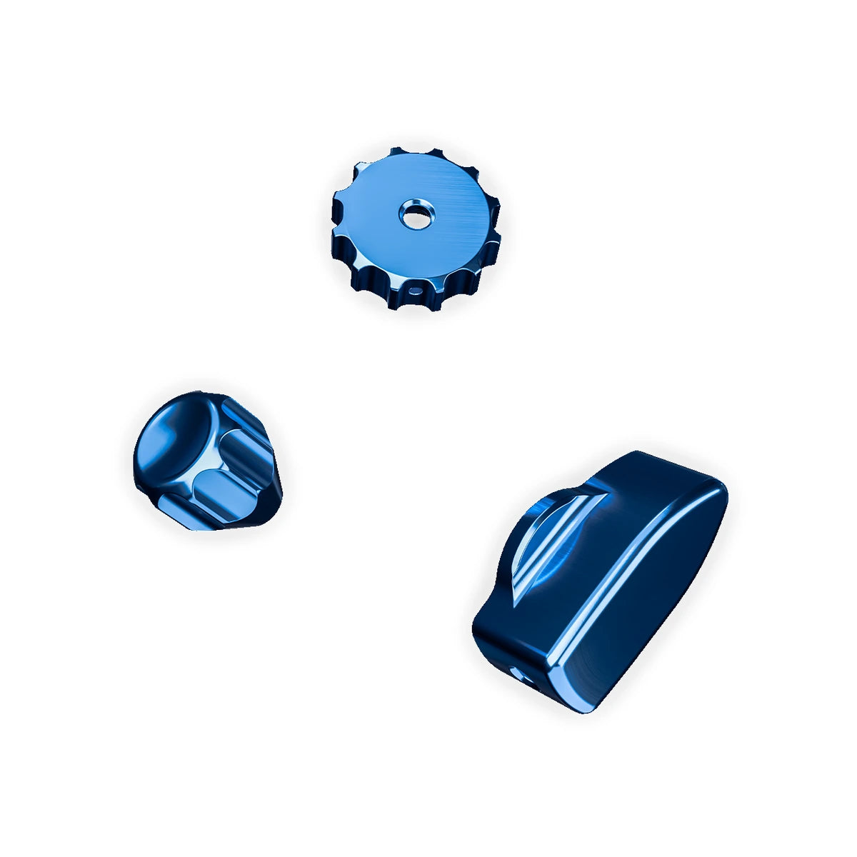 Ascher Racing Knob Kit Pro cobalt blue thumb encoder, joystick and rotary knobs, close-up
