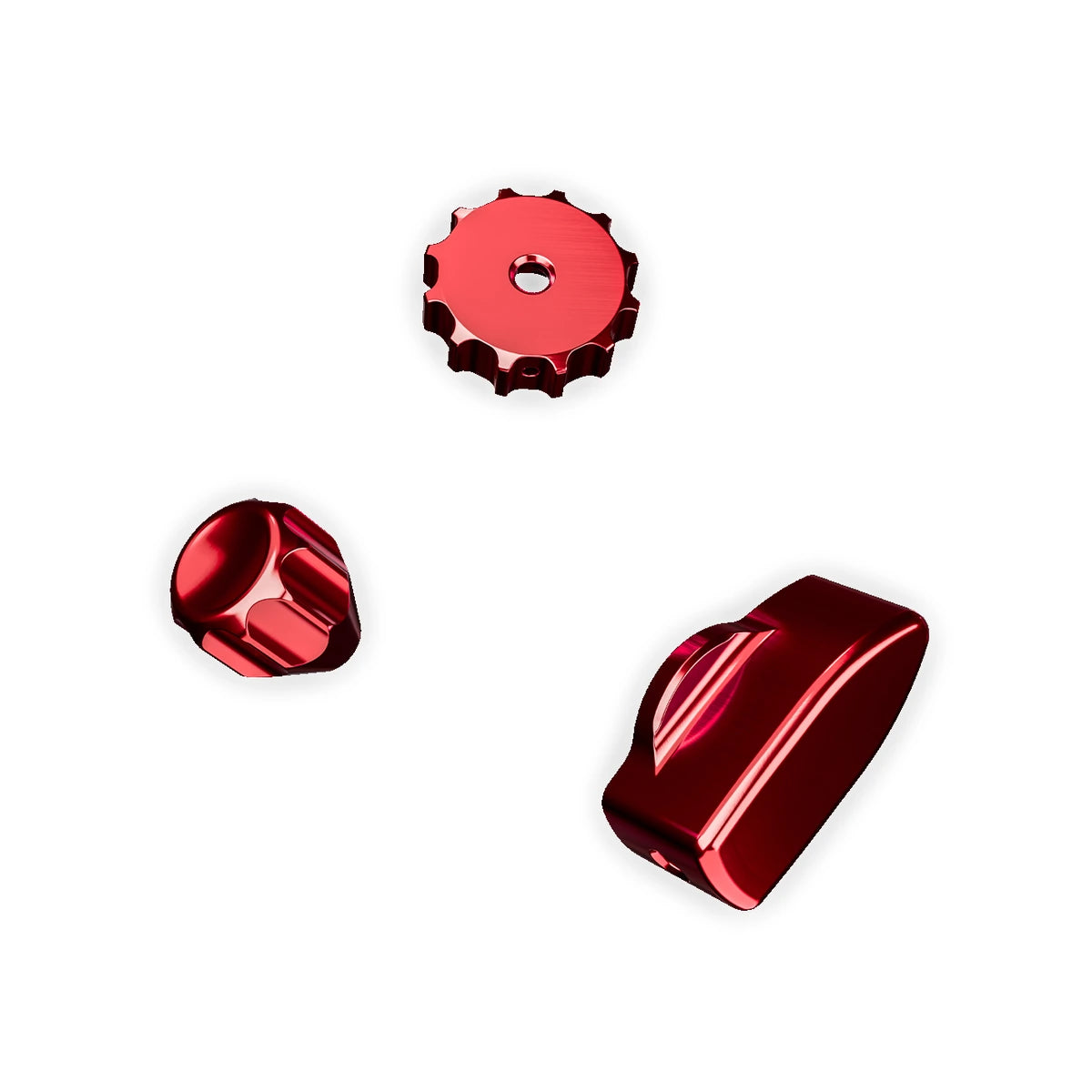 Ascher Racing Knob Kit Pro crimson red thumb encoder, joystick and rotary knobs, close-up