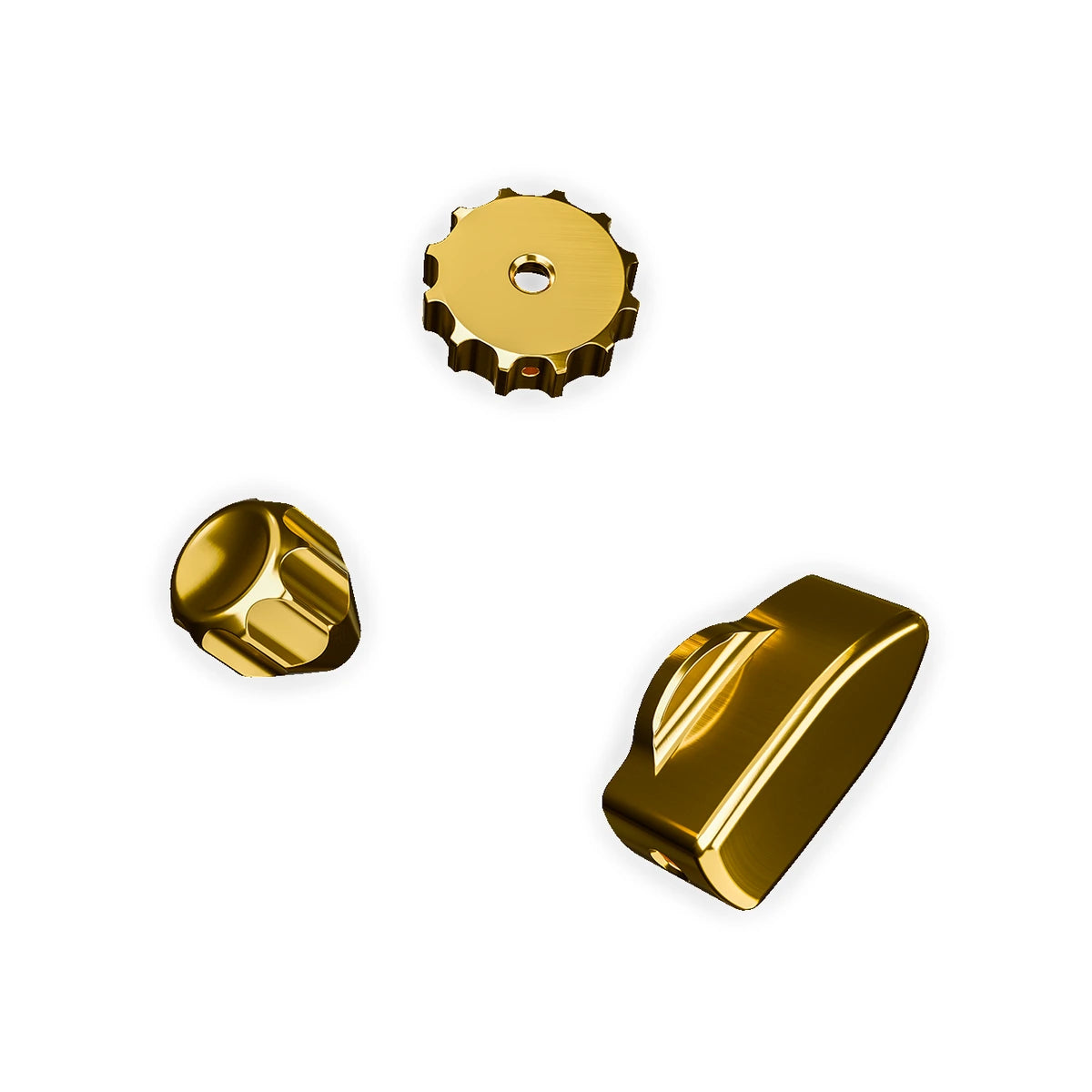 Ascher Racing Knob Kit Pro kinetic gold thumb encoder, joystick and rotary knobs, close-up