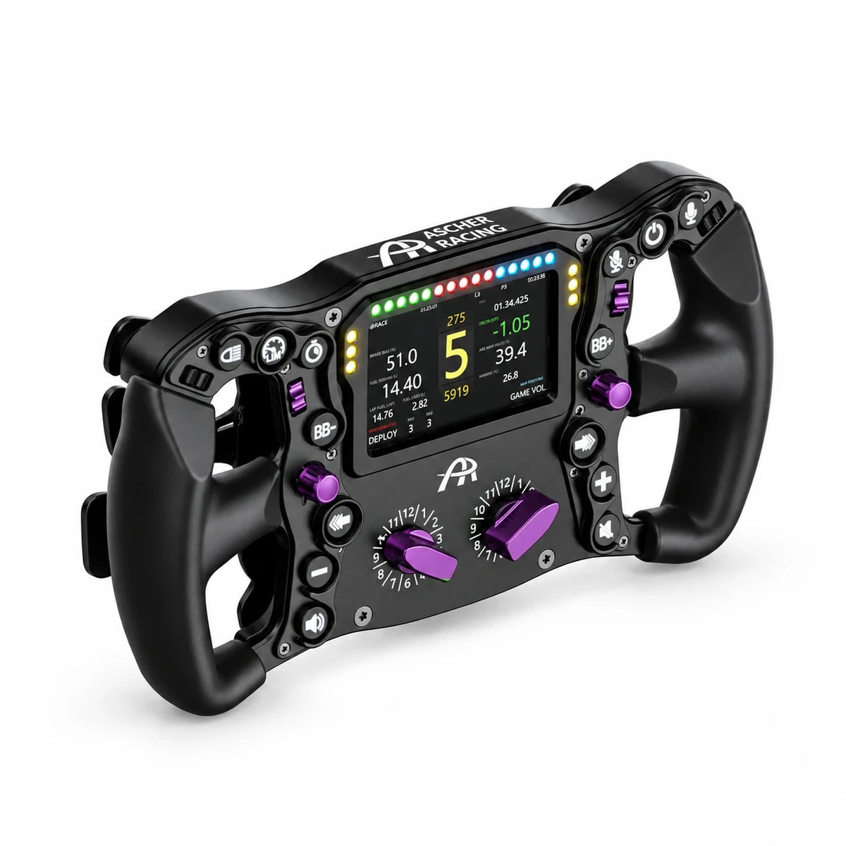 Ascher Racing Knob Kit Pro V2 Champion Purple fitted to an Ultimate Black Edition wheel, purple thumb encoders, joysticks and rotary knobs