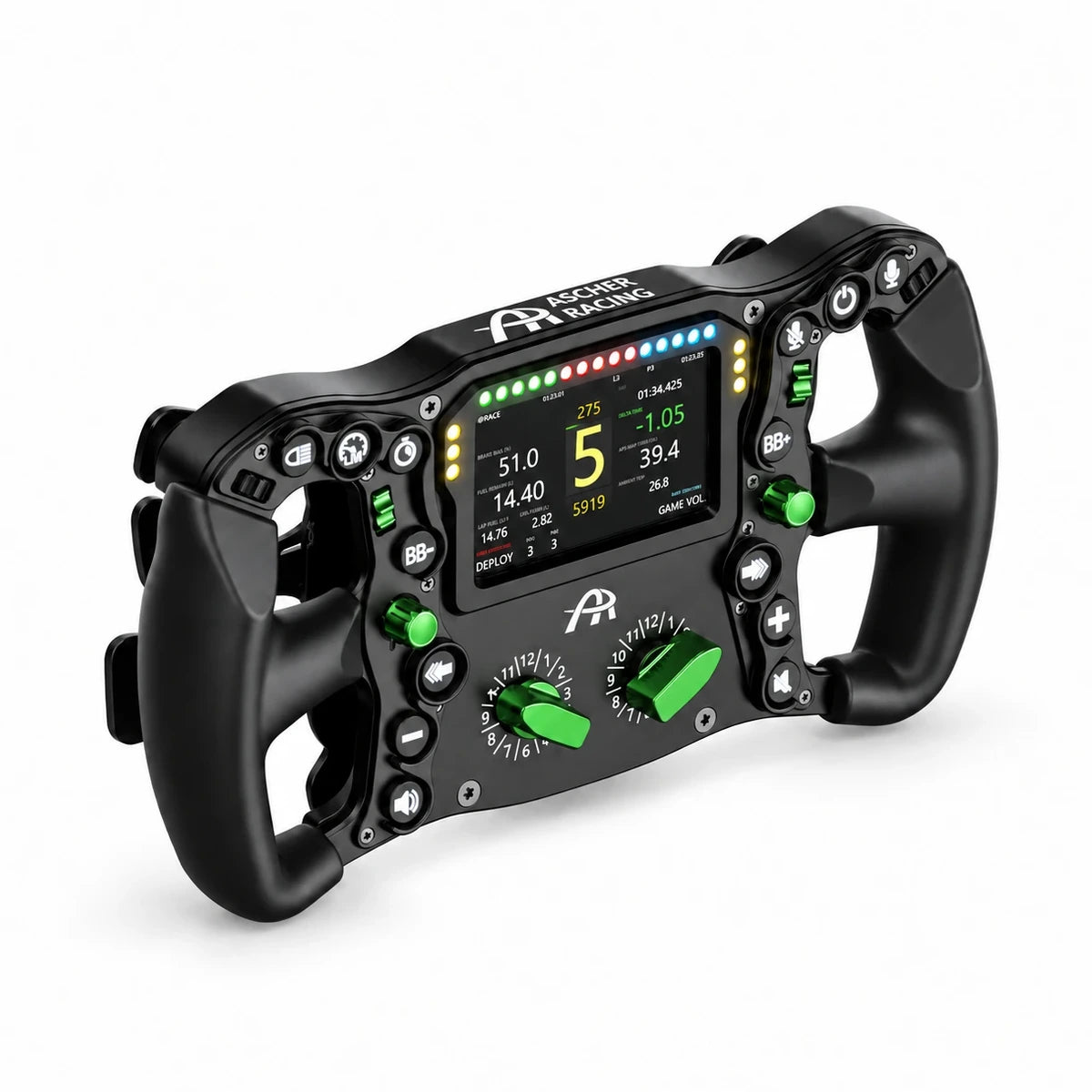Ascher Racing Knob Kit Pro V2 Maniti Green fitted to an Ultimate Black Edition wheel, green thumb encoders, joysticks and rotary knobs