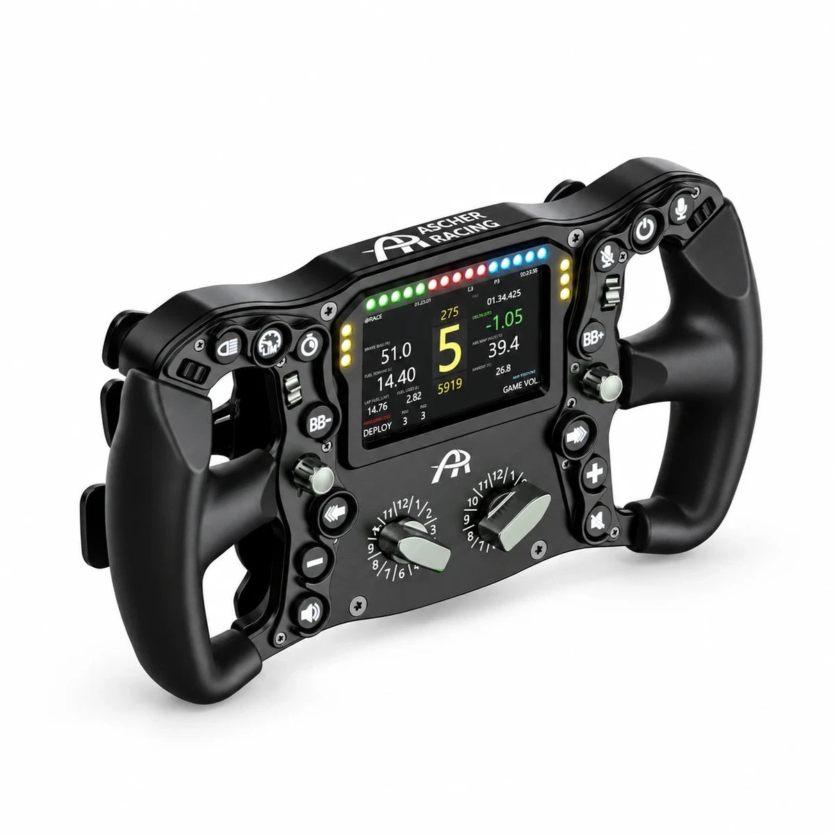 Ascher Racing Knob Kit Pro V2 Mercury fitted to an Ultimate Black Edition wheel, silver thumb encoders, joysticks and rotary knobs
