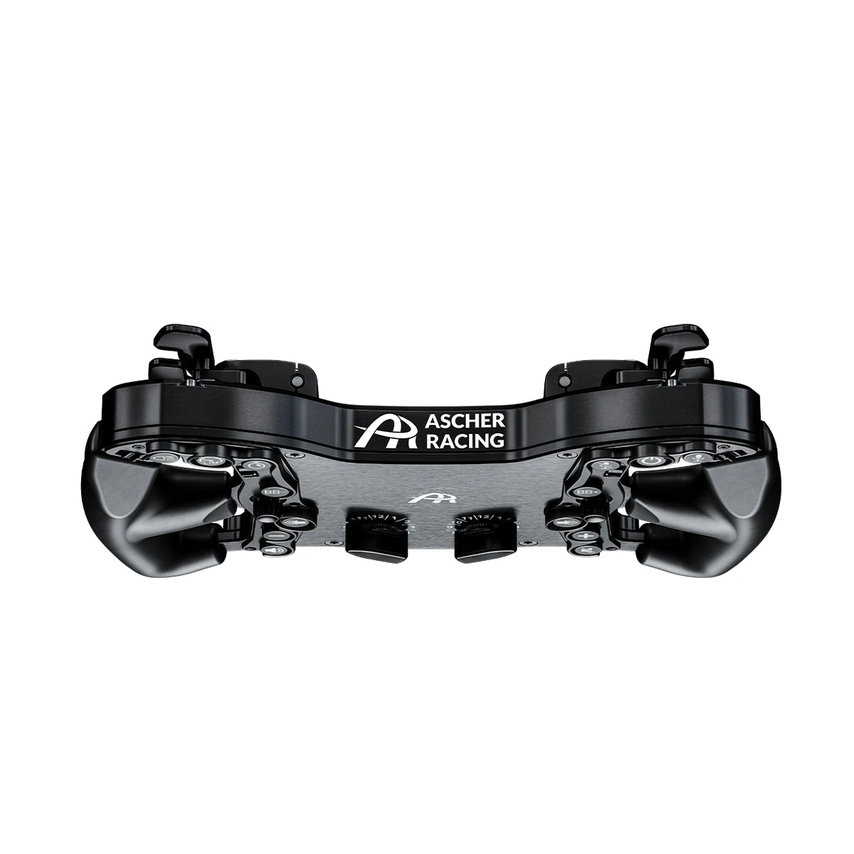 Ascher Racing Pro Black Edition sim racing wheel, top edge view showing the paddle shifters and Ascher Racing logo