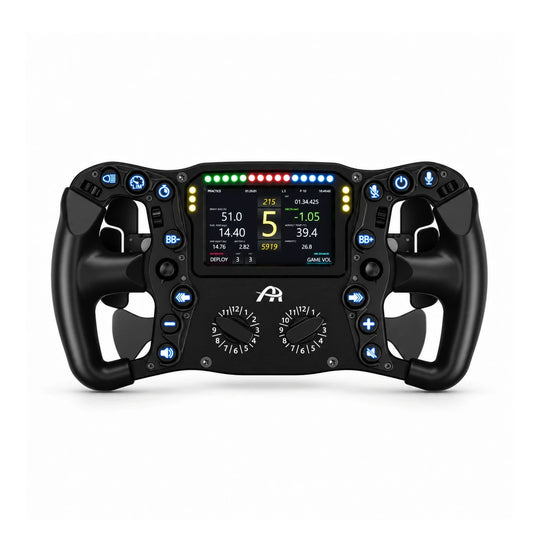 Ascher Racing Ultimate Black Edition sim racing wheel, straight-on front view with blue backlit buttons, lit 4-inch dashboard and black rotary switches