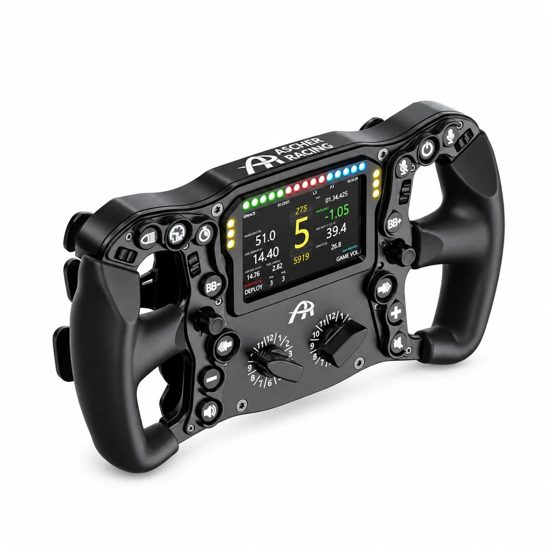 Ascher Racing Ultimate Black Edition sim racing wheel, front three-quarter view with lit dashboard, shift lights and black rotary switches
