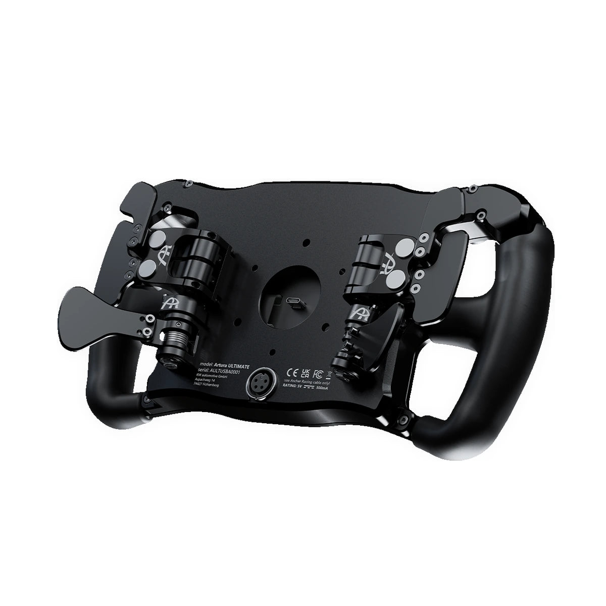 Ascher Racing Ultimate Black Edition sim racing wheel, rear view showing magnetic paddles, clutch paddles and 6x70mm mount