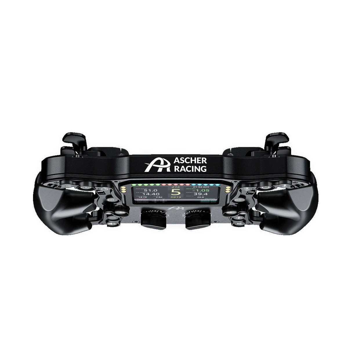 Ascher Racing Ultimate Black Edition sim racing wheel, top edge view showing the paddle shifters and Ascher Racing logo