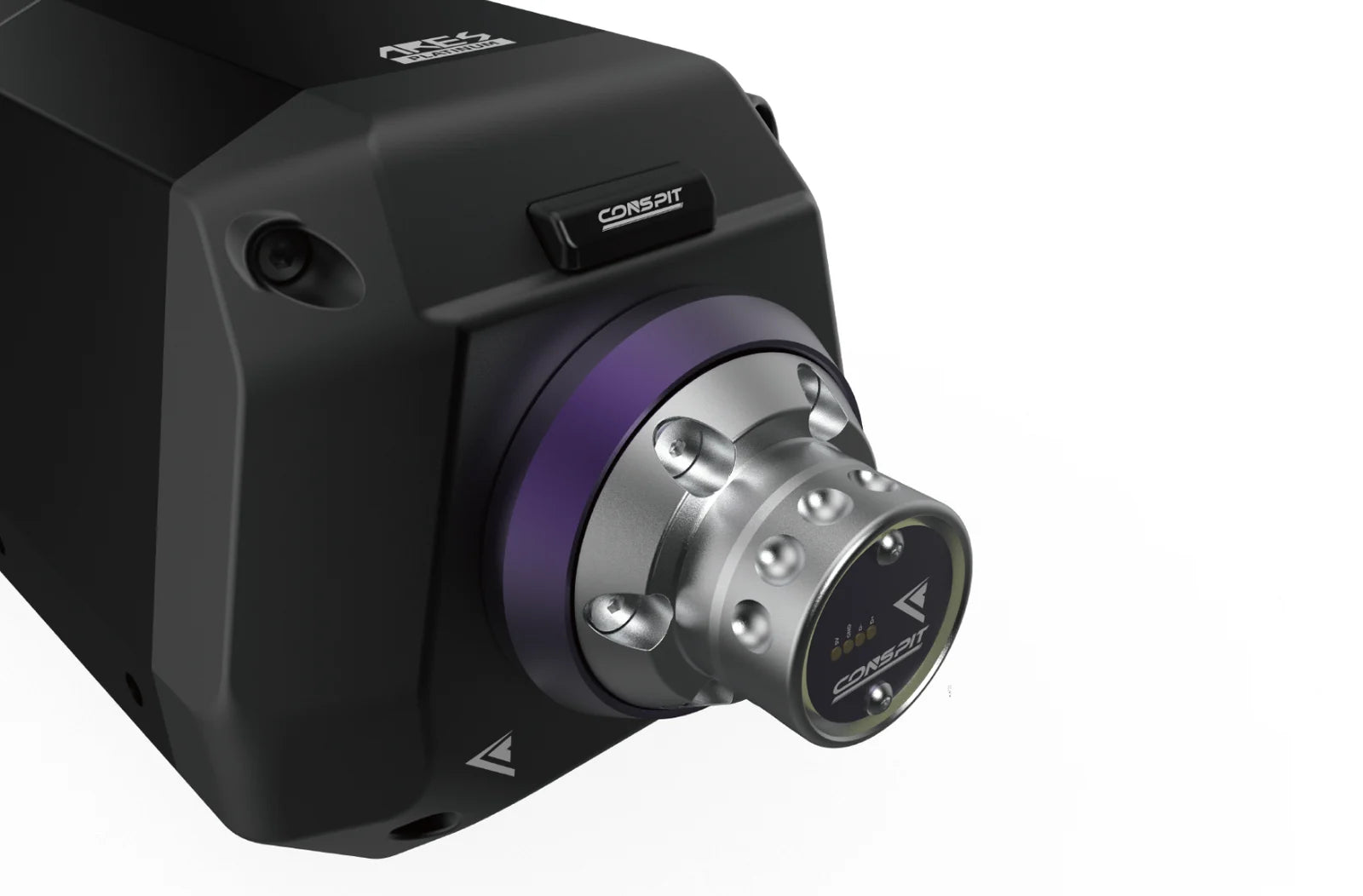Conspit Ares 12Nm CDR direct drive wheel base, front view of the CDR quick release coupling
