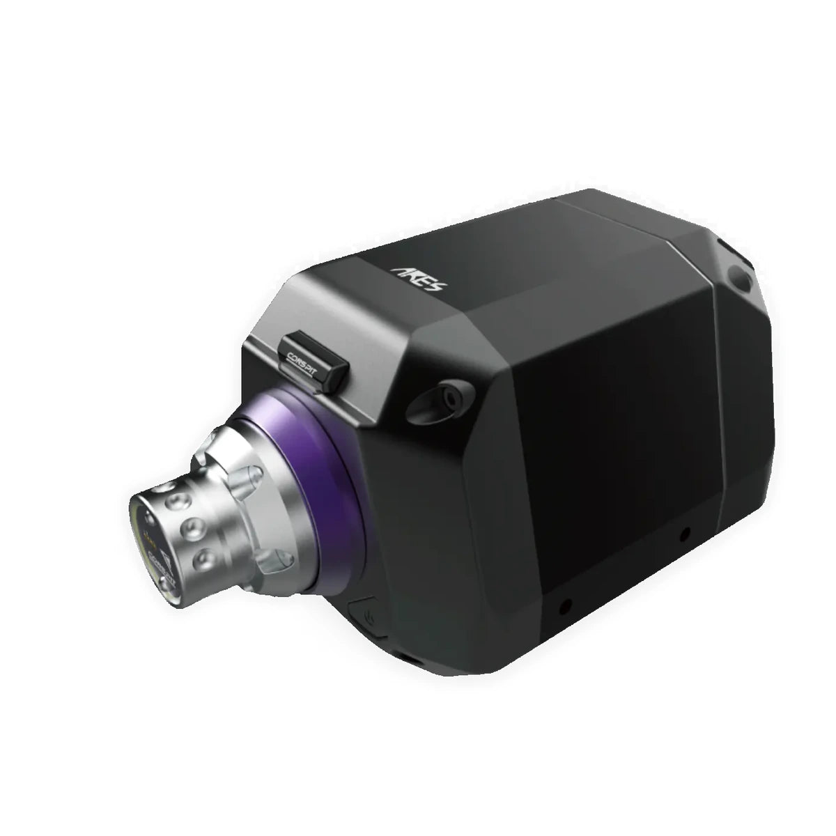 Conspit Ares 12Nm CDR direct drive wheel base, three-quarter view with the CDR quick release fitted