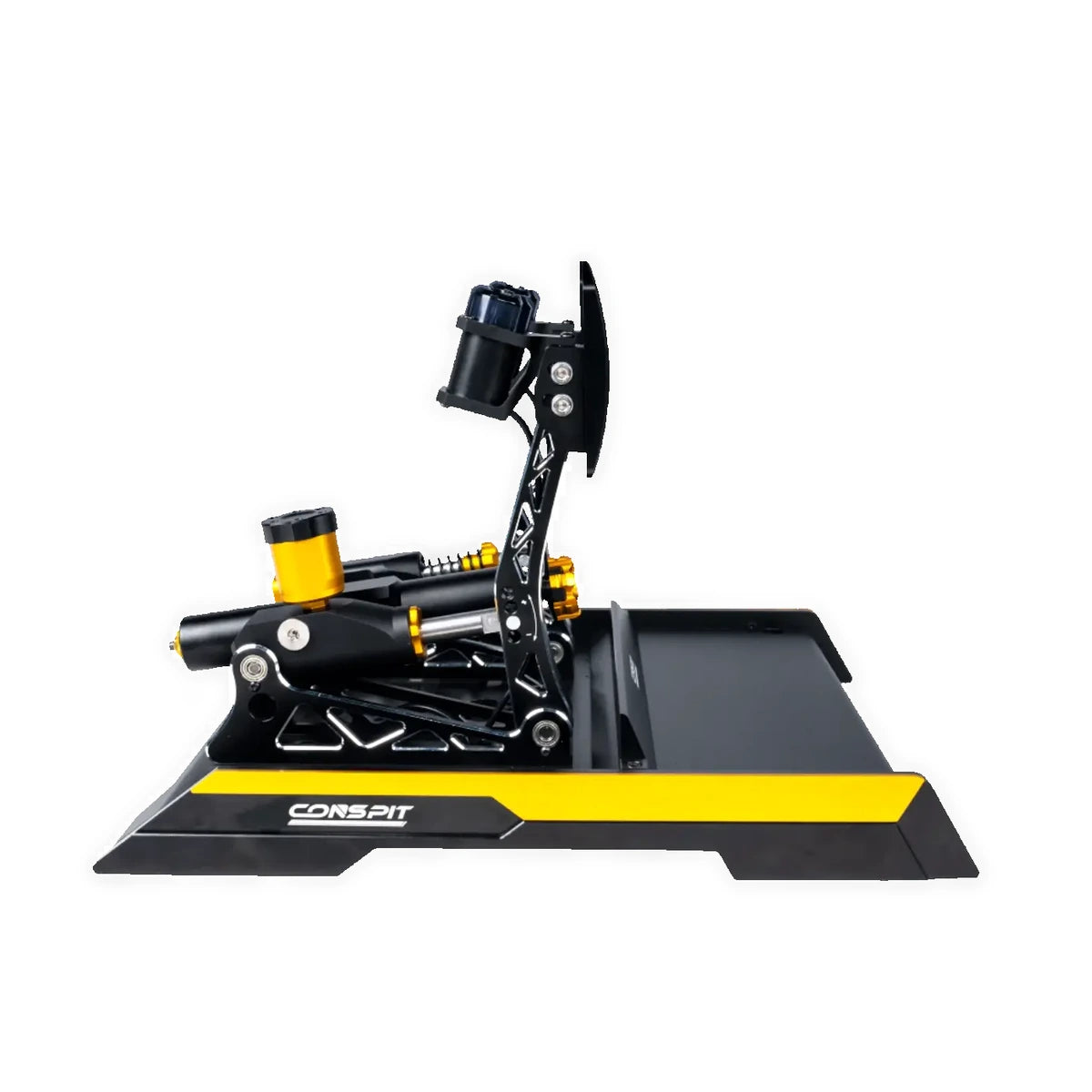 Conspit CPP EVO 2 V2 brake pedal, angled detail of the dual-stage hydraulic cylinder and fluid reservoir