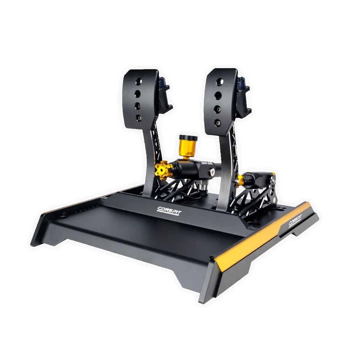 Conspit CPP EVO 2 V2 hydraulic pedal set, three-quarter view with gold anodised adjusters on a black baseplate