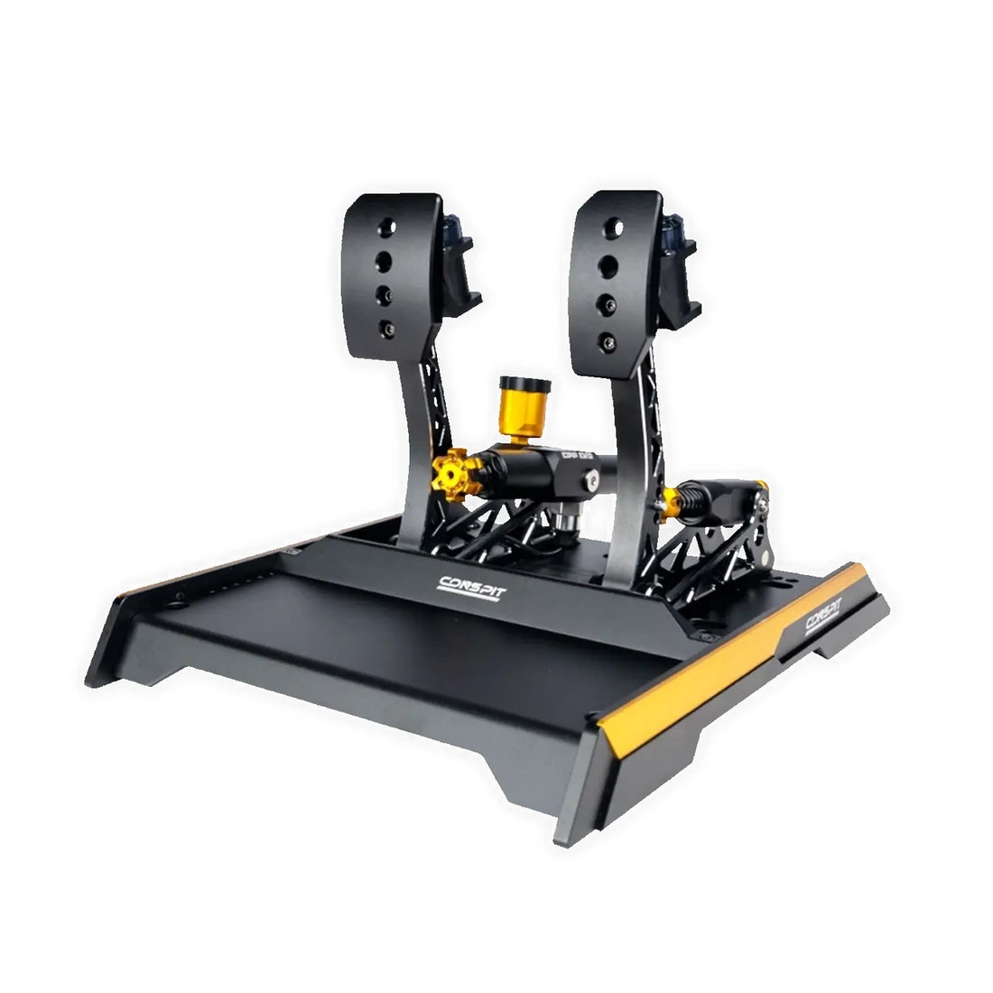 Conspit CPP EVO 2 V2 hydraulic pedal set, three-quarter view with gold anodised adjusters on a black baseplate