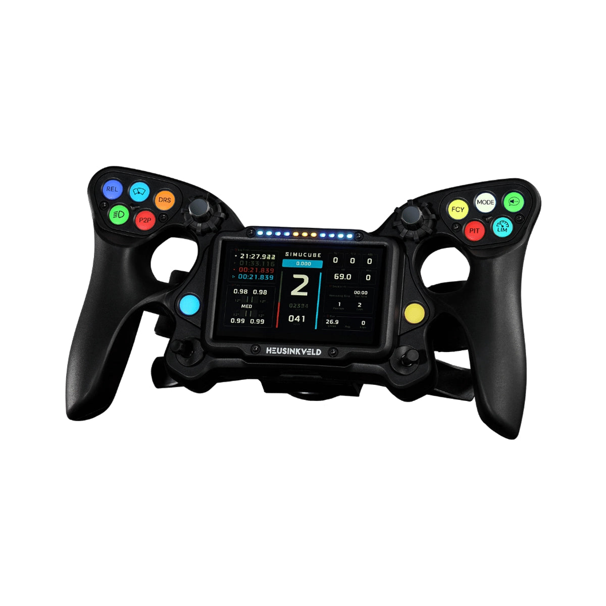 Heusinkveld One steering wheel, front view with lit display.