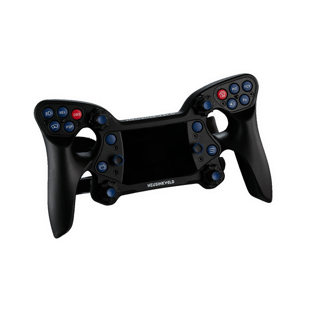 Heusinkveld One sim racing steering wheel, front view with 14 buttons, rotaries and centre panel