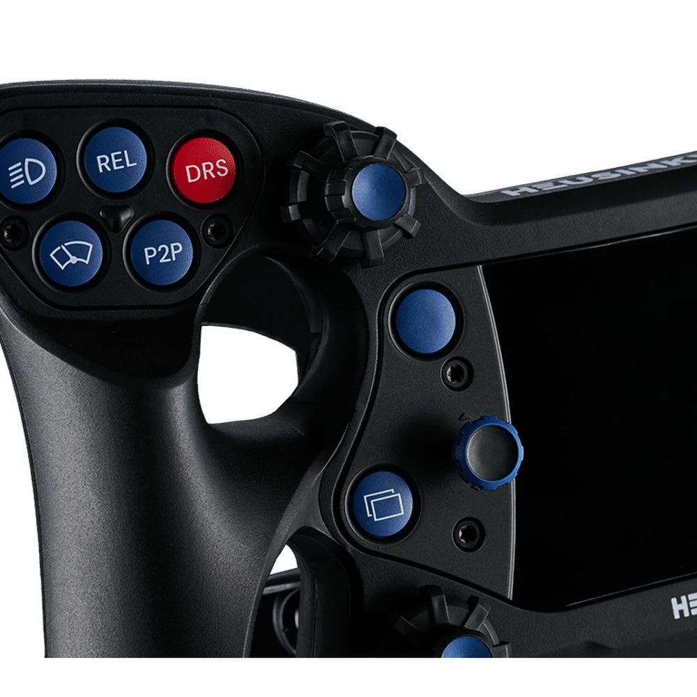 Heusinkveld One left grip detail with REL, DRS and P2P buttons and a push rotary