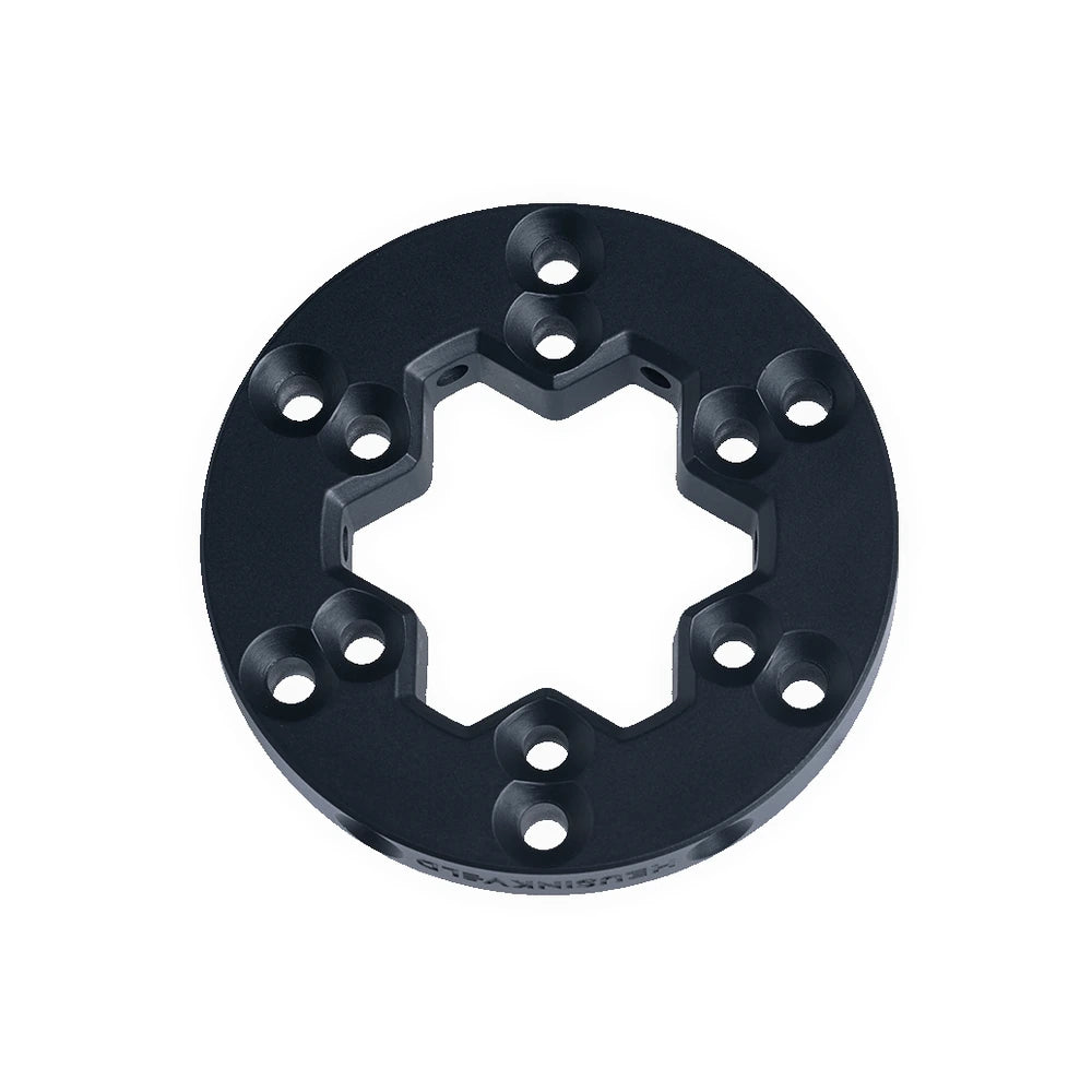 Heusinkveld Steering Wheel Adapter, black aluminium ring with six countersunk holes and hexagonal centre
