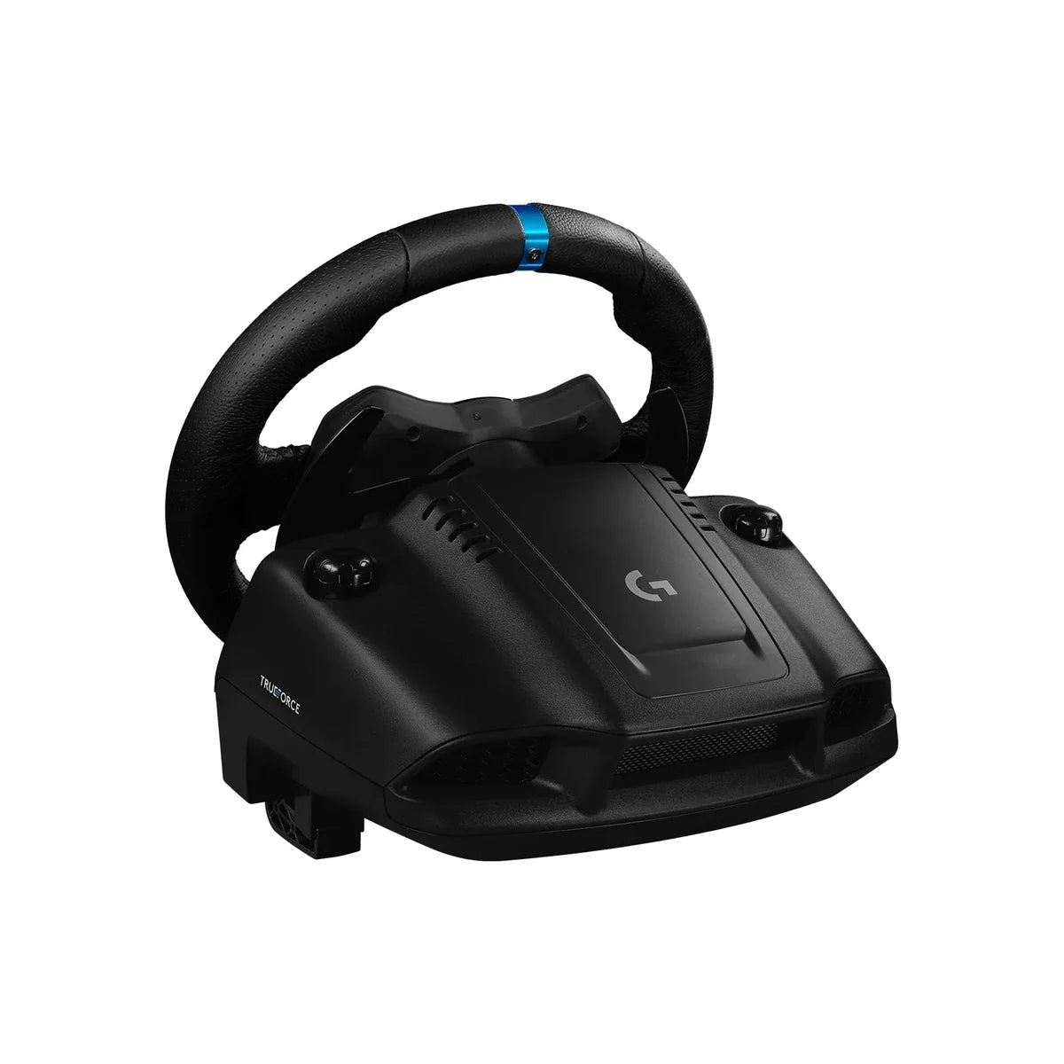 Logitech G923 TRUEFORCE wheel rear three-quarter view with mounting base
