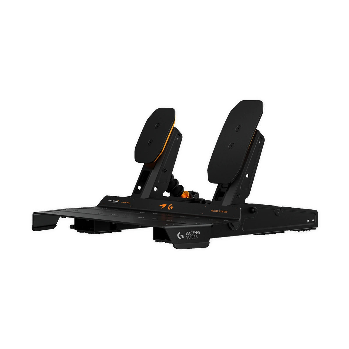 Logitech G RS Pedals McLaren Racing Edition three-quarter view of the load cell brake and hall effect throttle