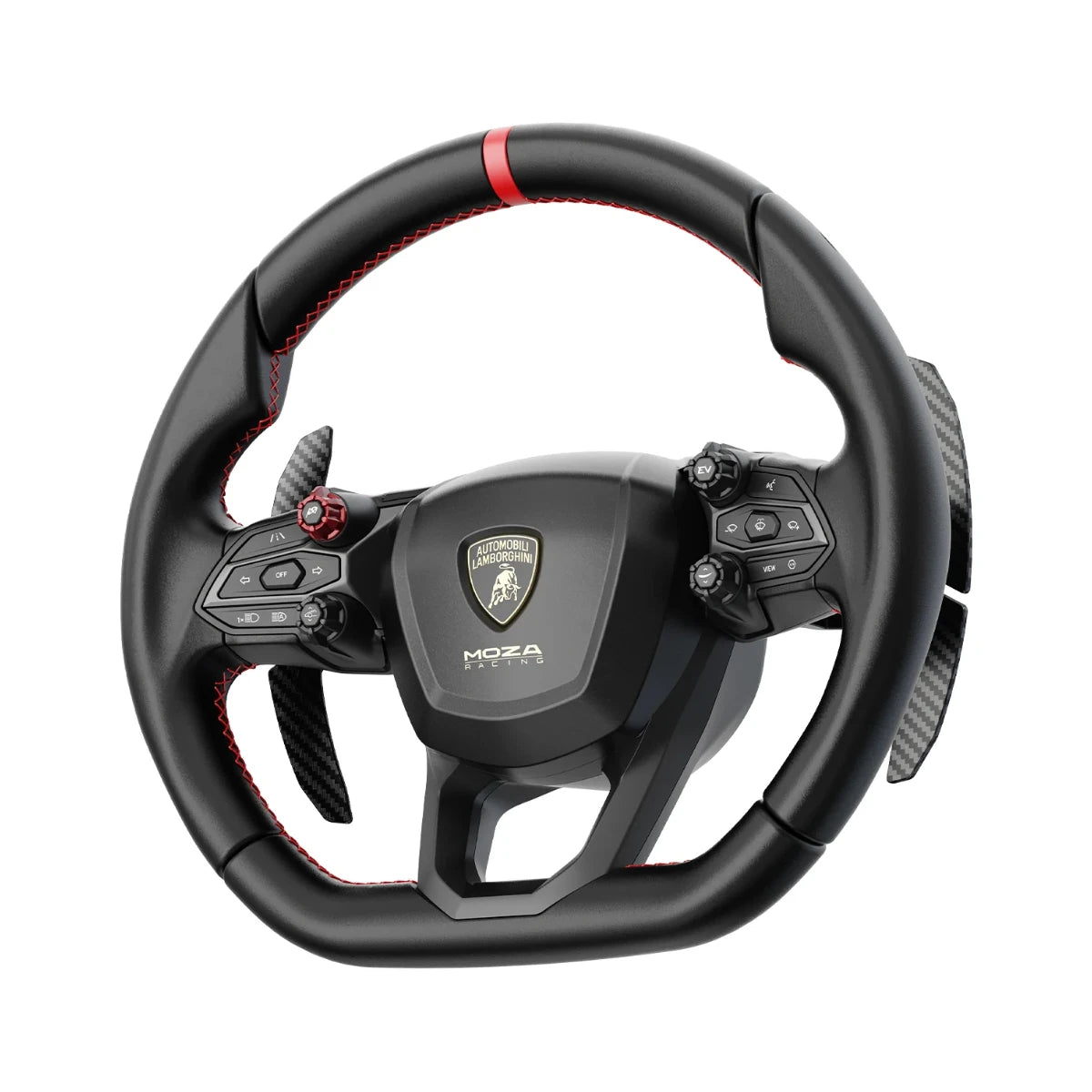 MOZA Lamborghini Revuelto steering wheel, angled view showing backlit buttons, rotary encoders and carbon fibre paddles