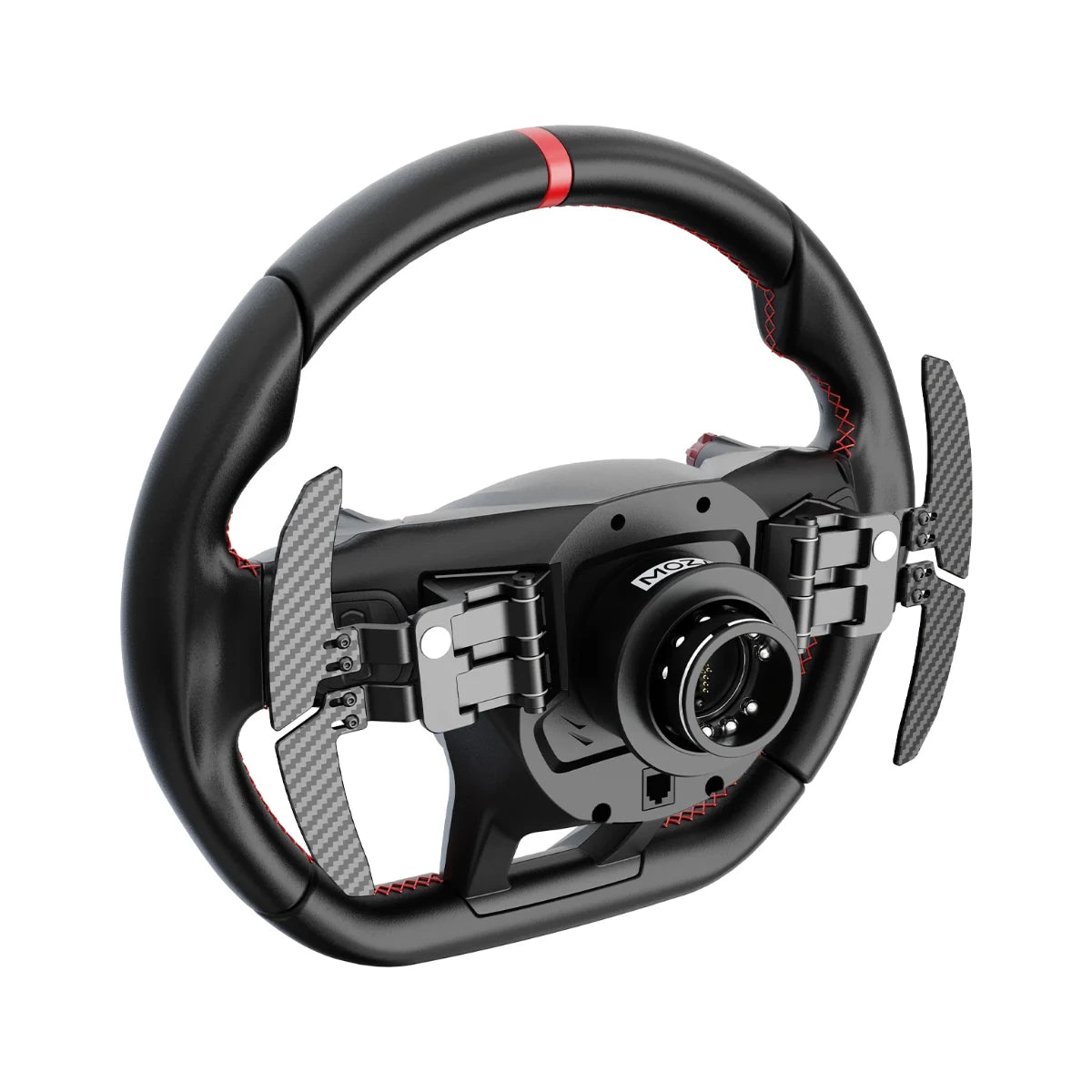 MOZA Lamborghini Revuelto steering wheel, rear view showing the aluminium quick release, rear buttons and paddle mechanism