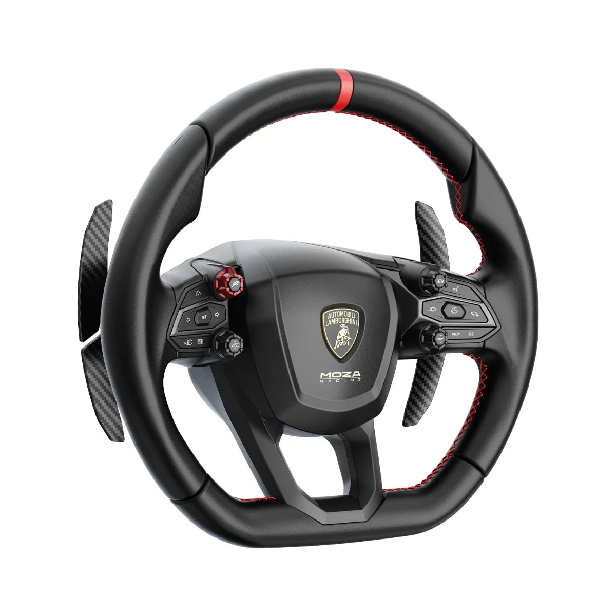 MOZA Lamborghini Revuelto steering wheel, opposite angle showing the carbon fibre shift and clutch paddles