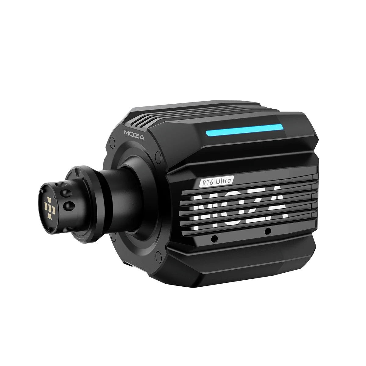 Moza R16 Ultra direct drive wheel base, front three-quarter view with the quick release hub and blue RGB strip