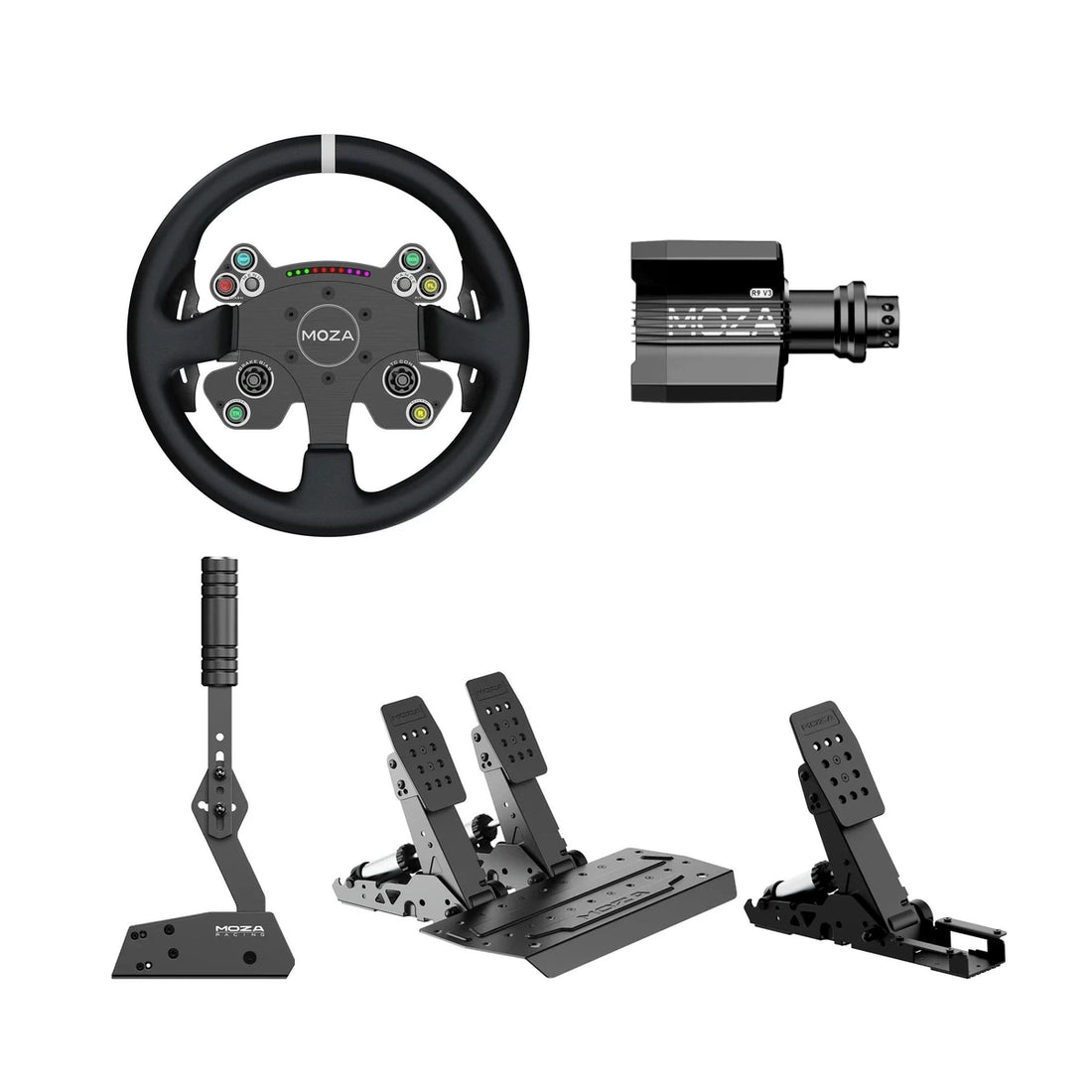 MOZA R9 V3 Drifter & Rally Bundle components laid out: CS V2P wheel and R9 V3 base above, HBP handbrake, SRP2 pedals and clutch below