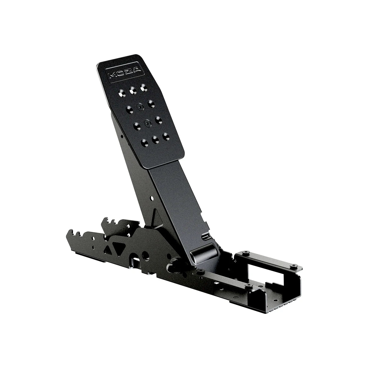 Moza SRP Lite2 clutch pedal, side view showing the steel pedal arm and drilled face plate