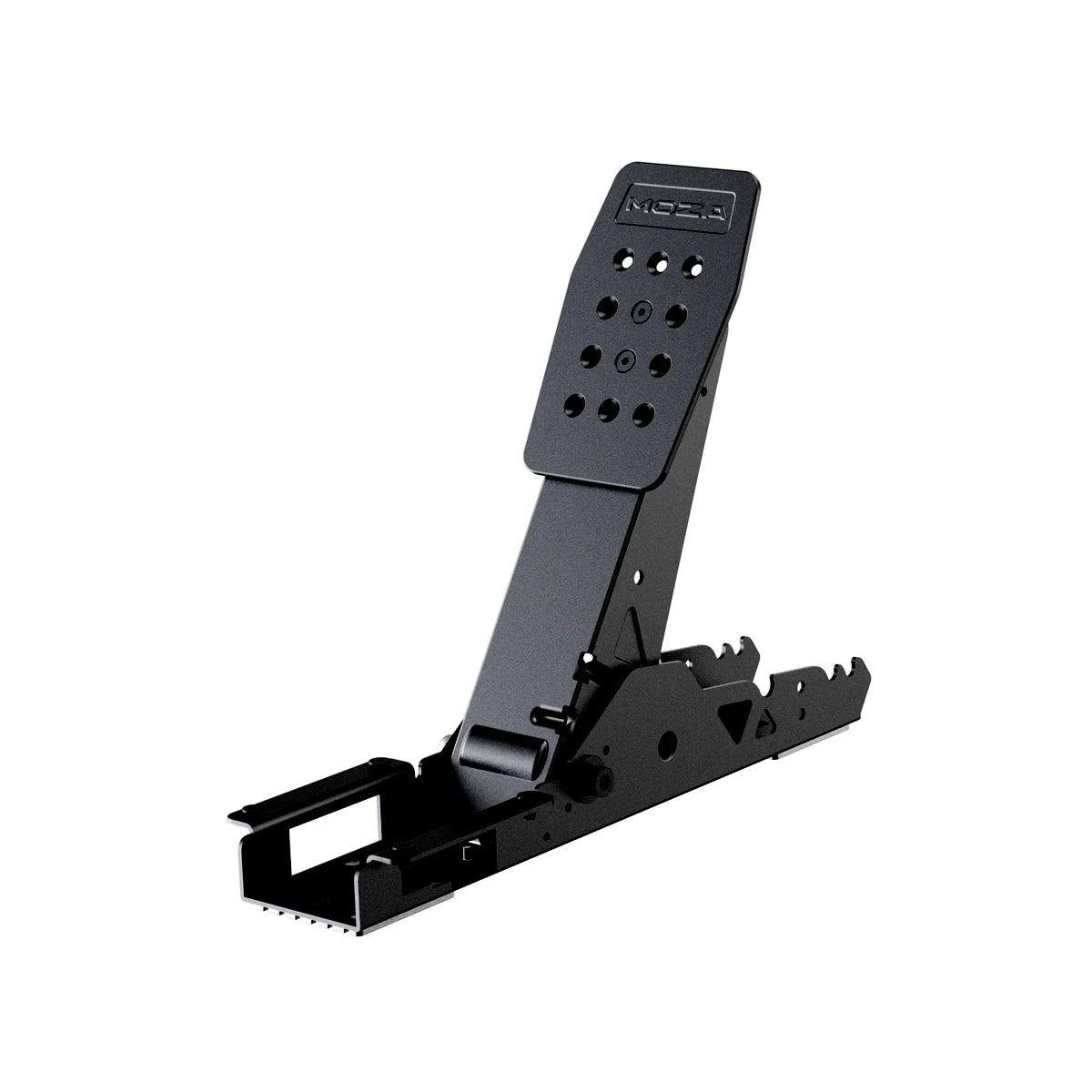 Moza SRP Lite2 clutch pedal, three-quarter view showing the mounting bracket and rail