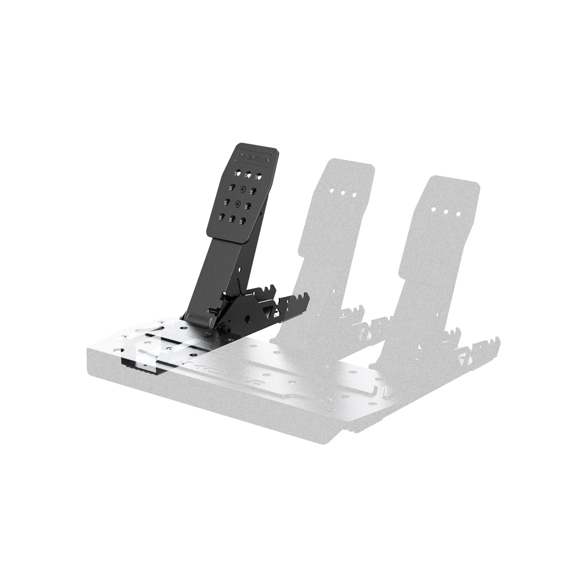 Moza SRP Lite2 clutch pedal highlighted in position beside the throttle and brake pedals