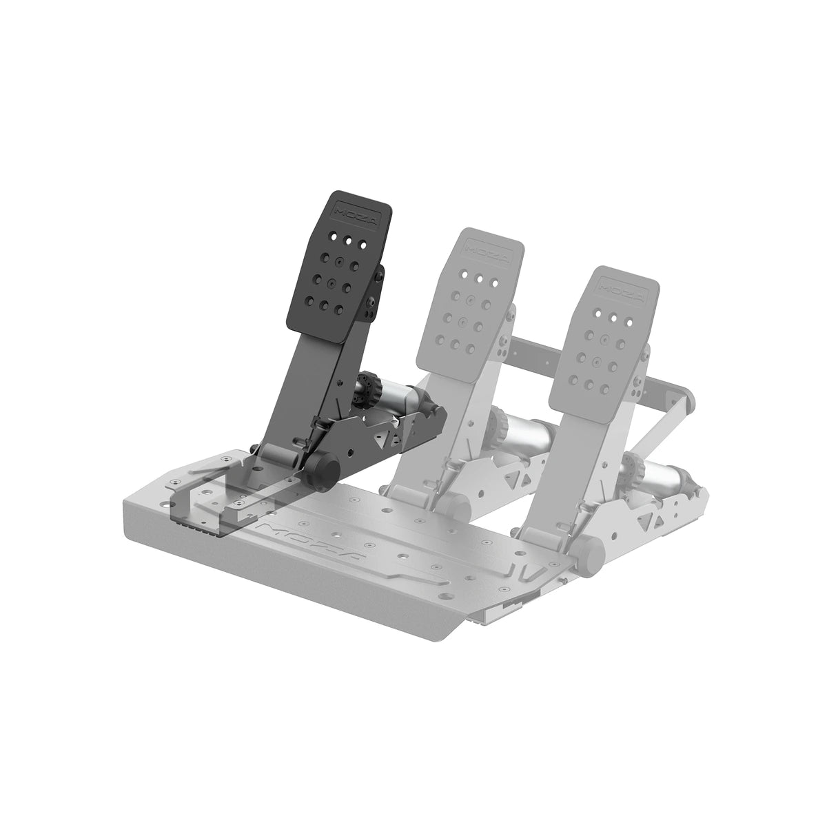 Moza SRP2 clutch pedal fitted to the SRP2 pedal base alongside the throttle and brake