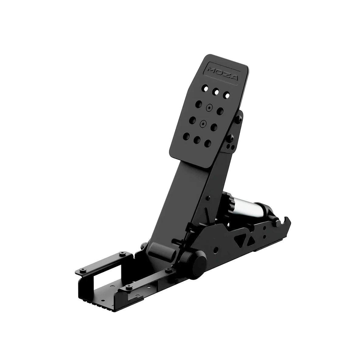 Moza SRP2 clutch pedal, opposite three-quarter view showing the preload spring and linkage
