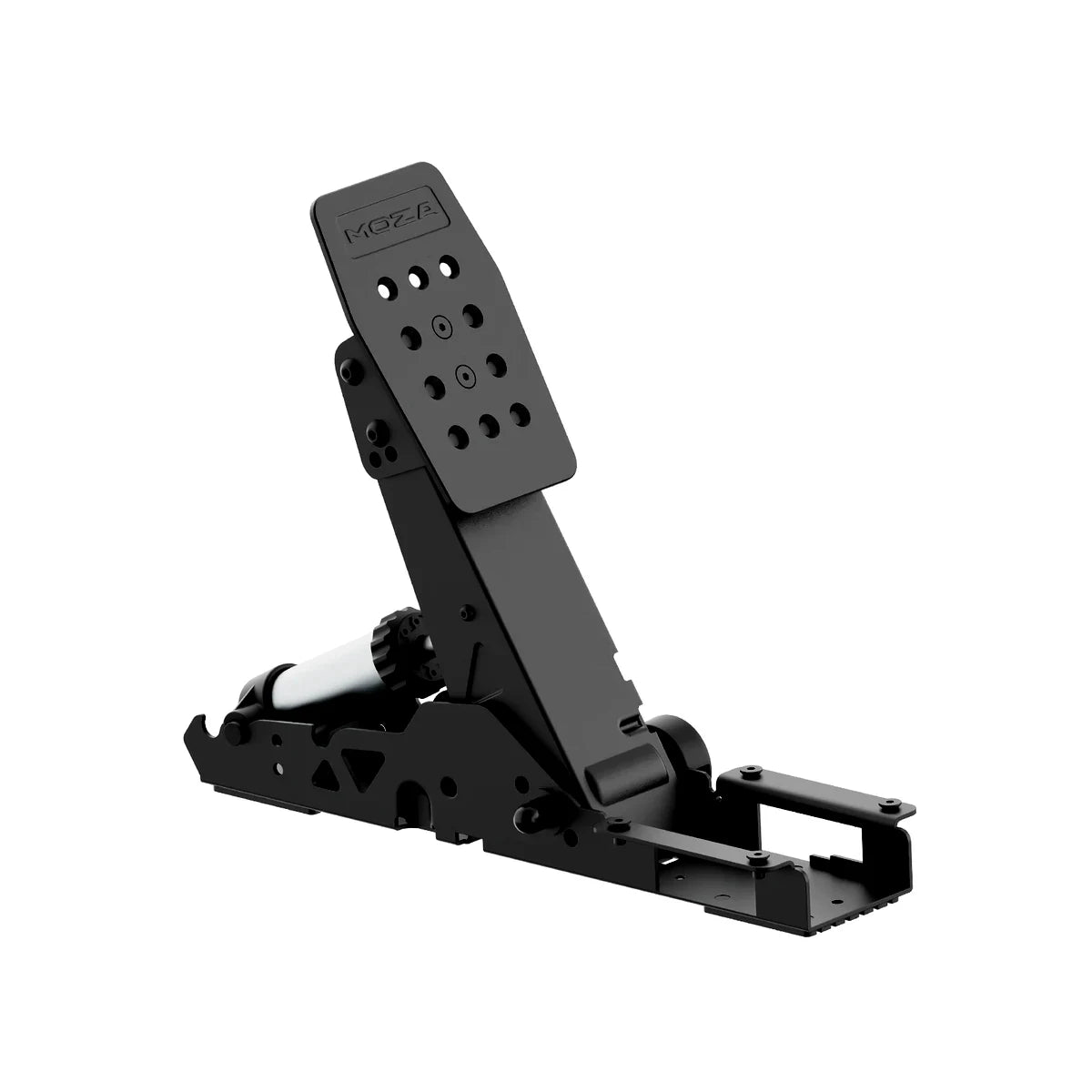 Moza SRP2 clutch pedal, three-quarter view showing the steel pedal arm and mounting base